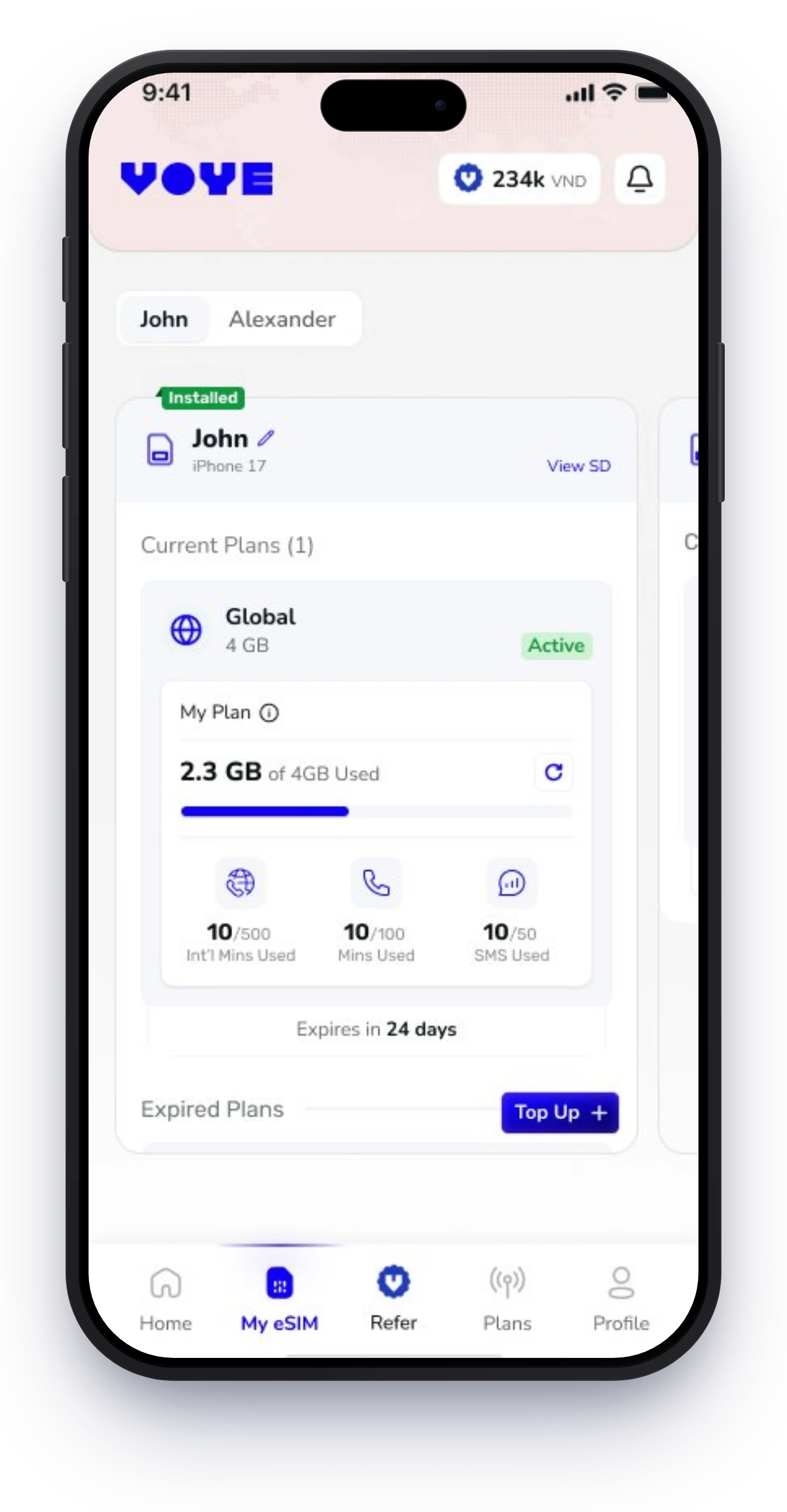 Voye app - My eSIM screen showing a Global plan with shared data usage