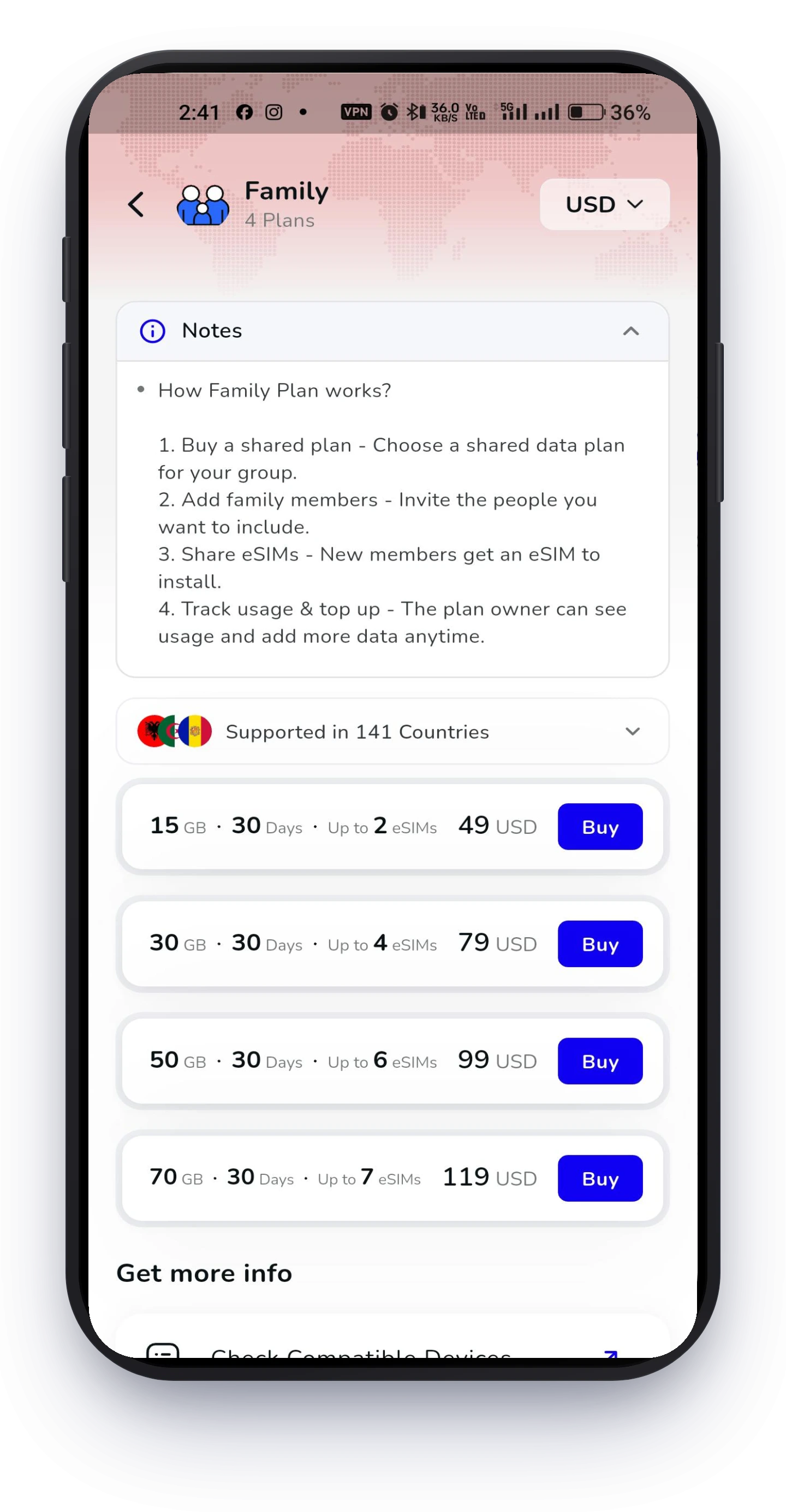 Choosing a Voye family plan in the app