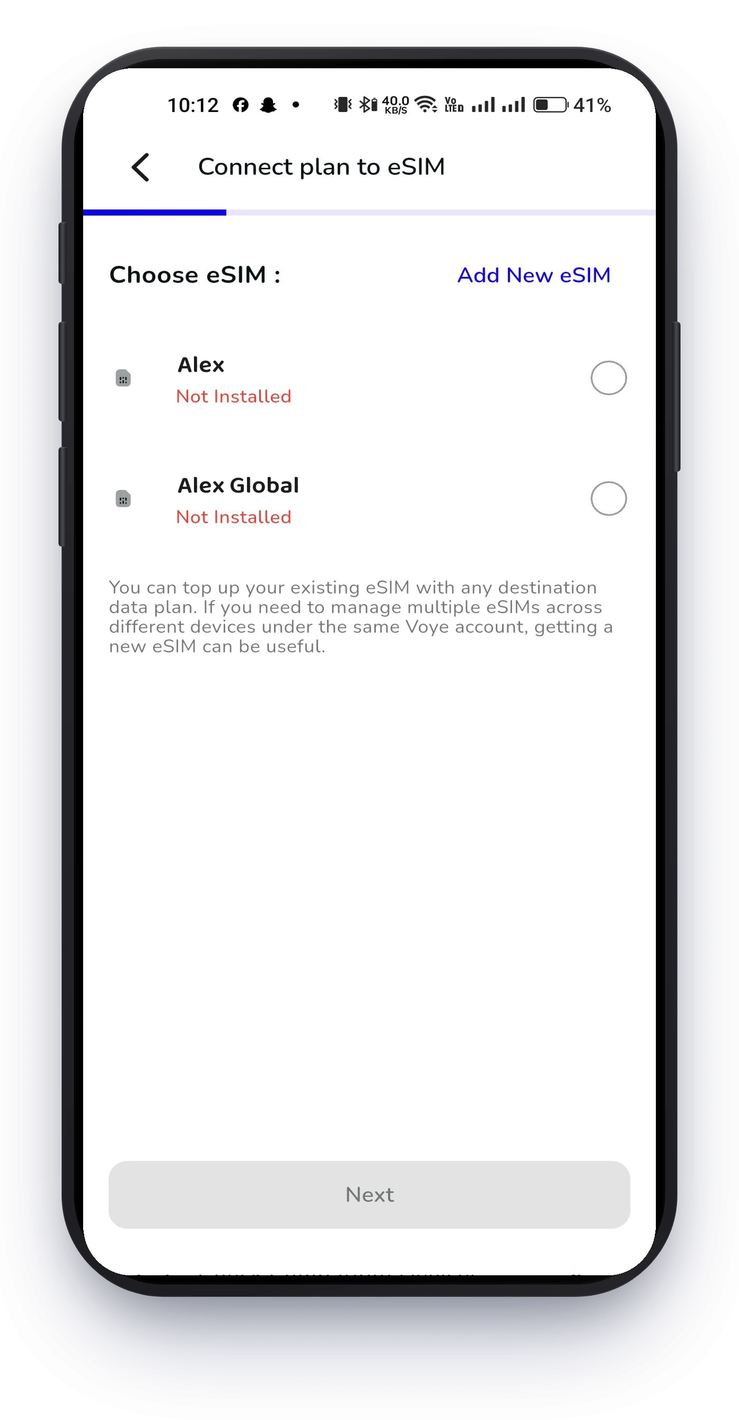 Selecting a new or existing eSIM