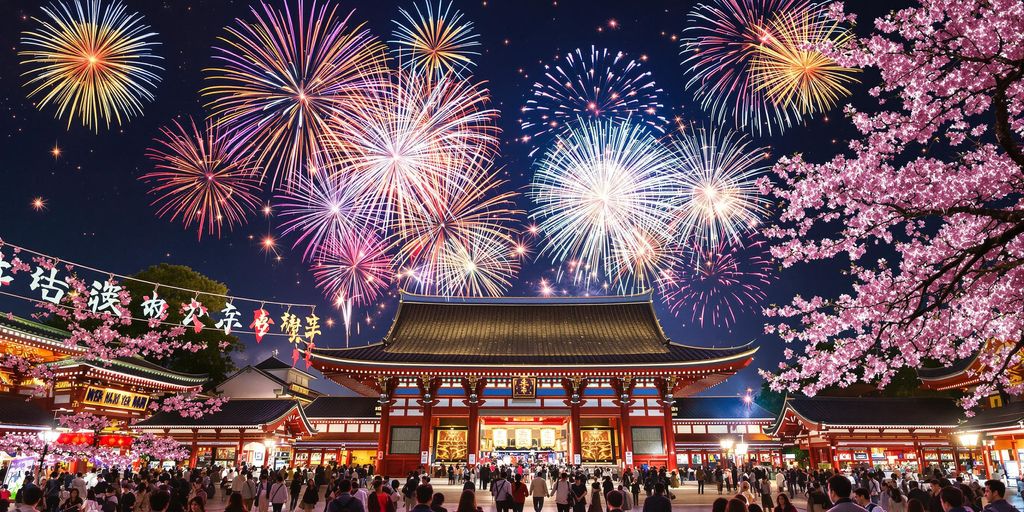 Fireworks over a shrine during Japan's New Year celebrations.