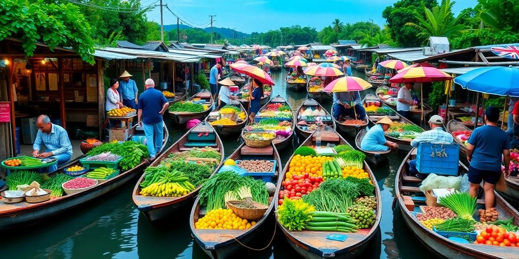 Colorful boats at a vibrant Vietnamese floating market.