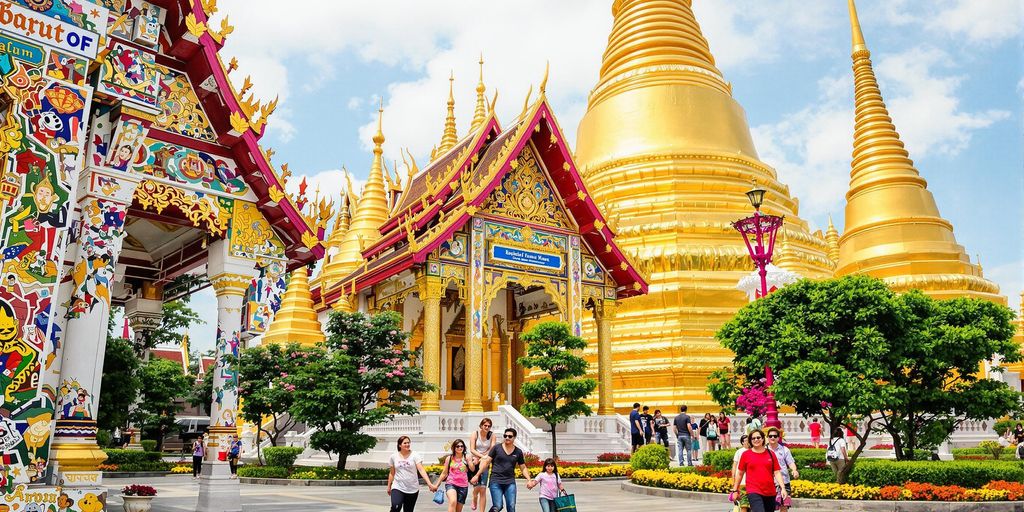 Family enjoying temple exploration in Bangkok's vibrant culture.