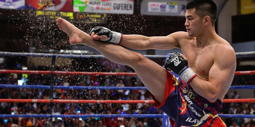 Muay Thai fighter performing a high kick in action.