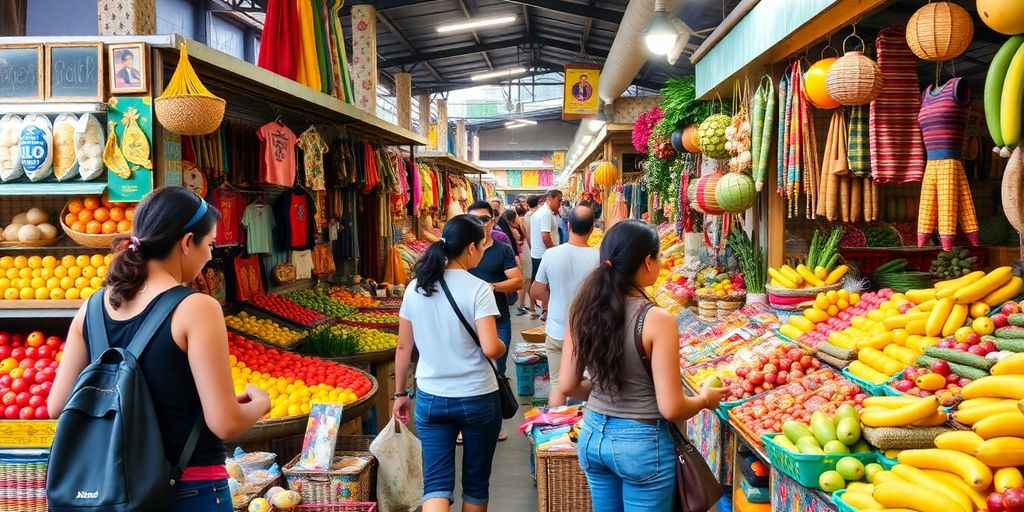 Colorful Brazilian market with fresh fruits and crafts.