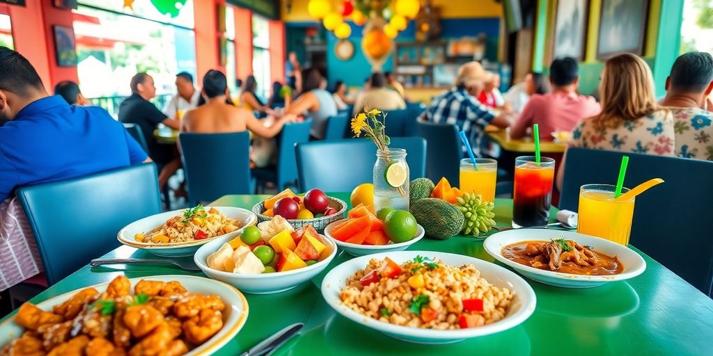 Table filled with traditional Brazilian food and drinks.