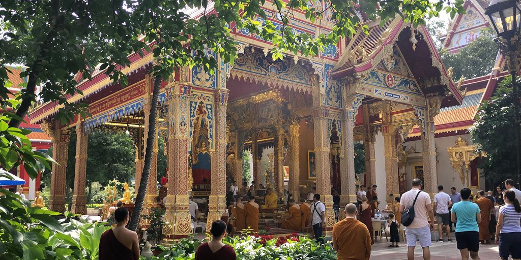 Buddhist temple in Bangkok with monks and lush greenery.