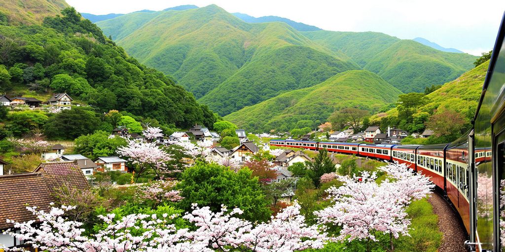 Train traveling through Japan's beautiful landscape with cherry blossoms.