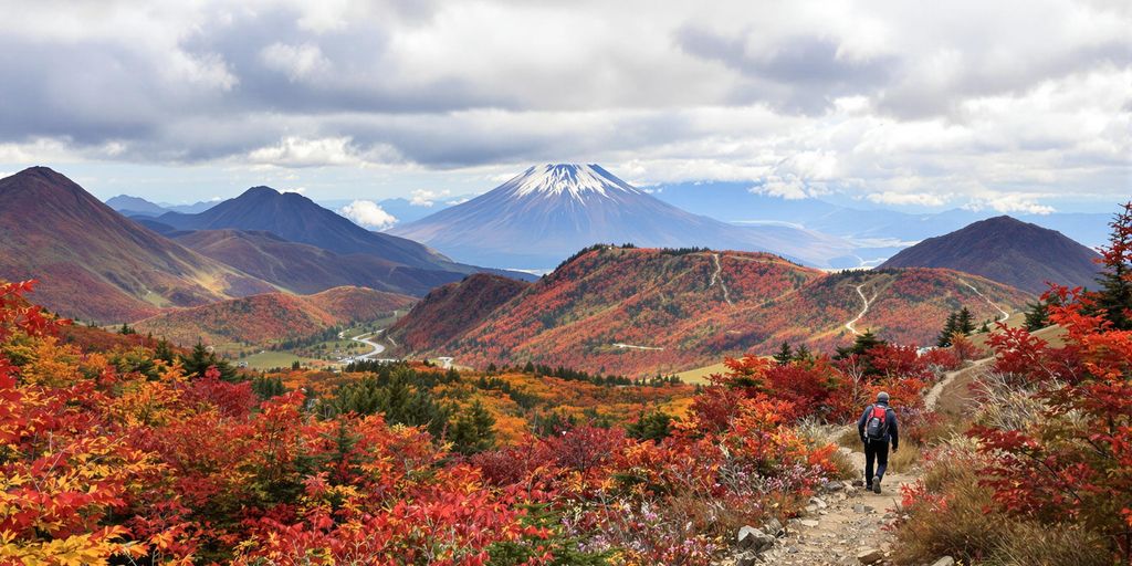 Hiker on a trail with colorful autumn foliage in Hokkaido.