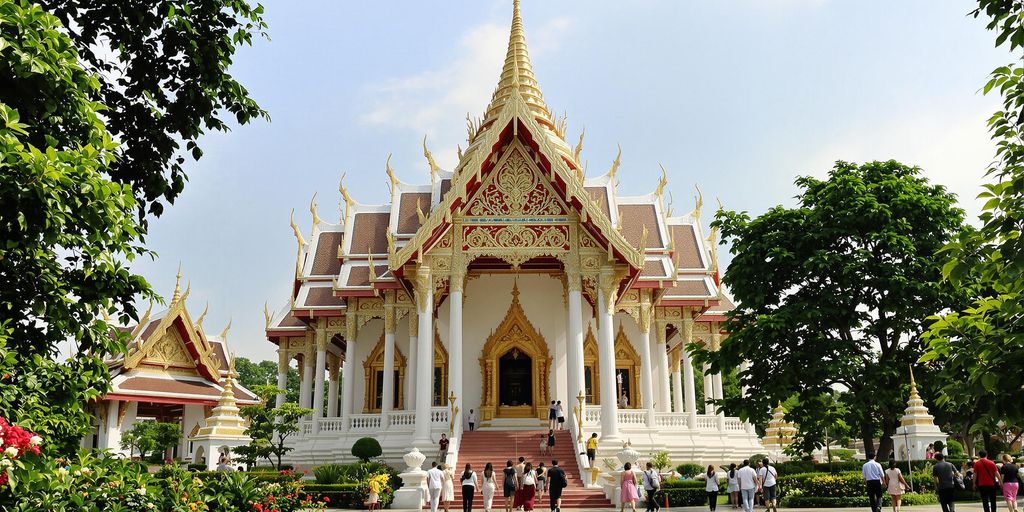 Thai temple with visitors in respectful attire.