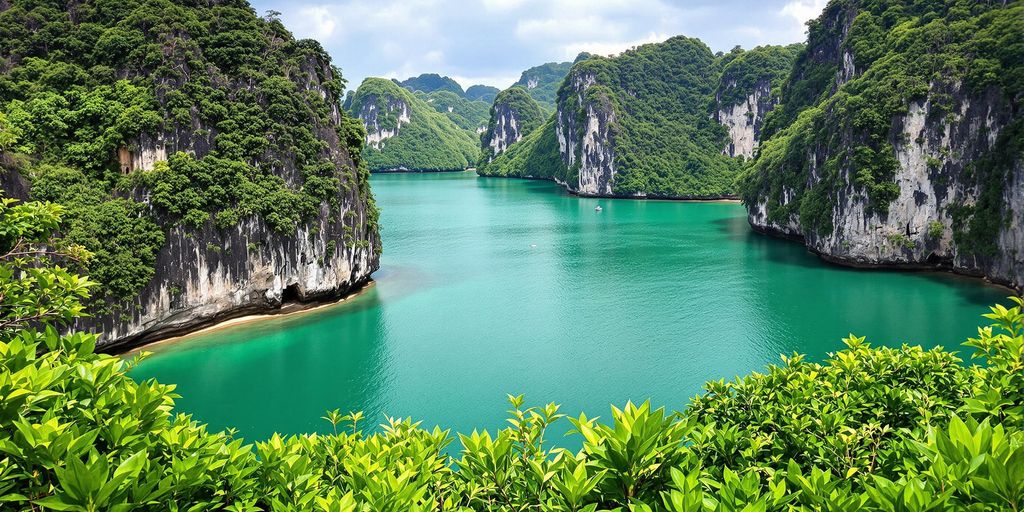 Lush bay in Vietnam with green waters and cliffs.