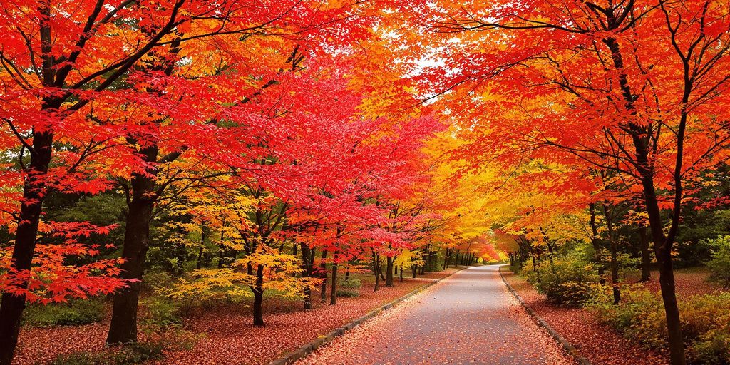 Colorful fall leaves in a tranquil Japanese landscape.