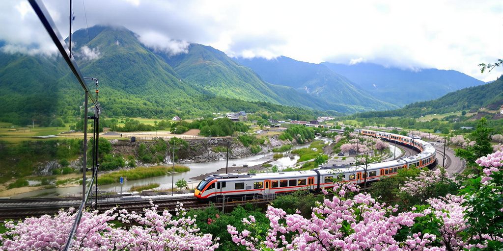 Japanese train on a scenic route through mountains.