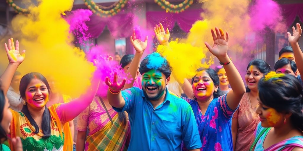 People celebrating Holi with colorful powders in the air.