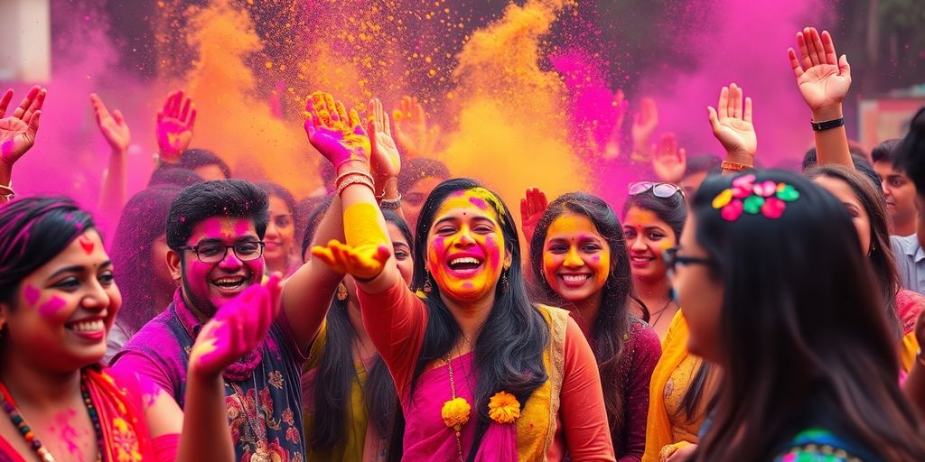 People celebrating Holi with vibrant colors and joy.