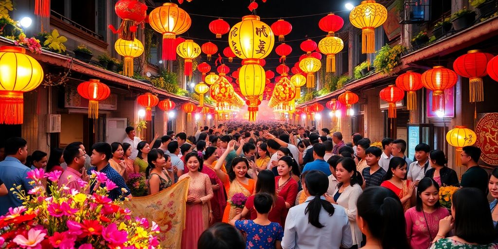 Colorful Vietnamese festival with costumes and vibrant decorations.