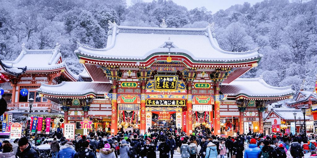 Winter festival in Japan with snow and festive decorations.