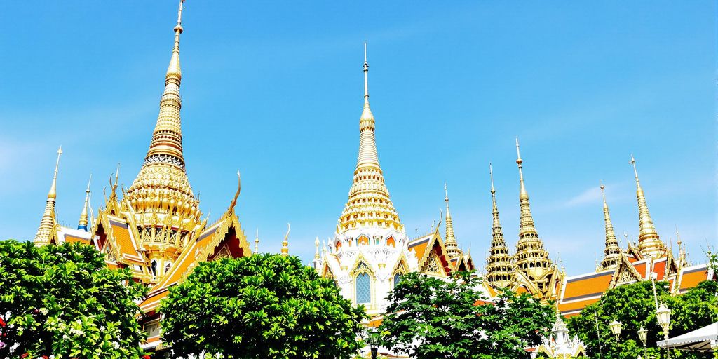 Beautiful temples with golden spires in Bangkok.