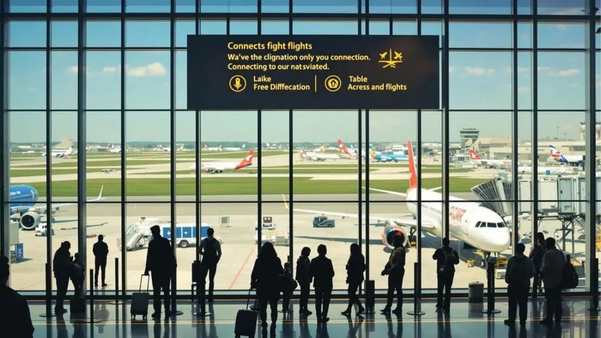 Busy airport terminal with travelers and airplanes visible