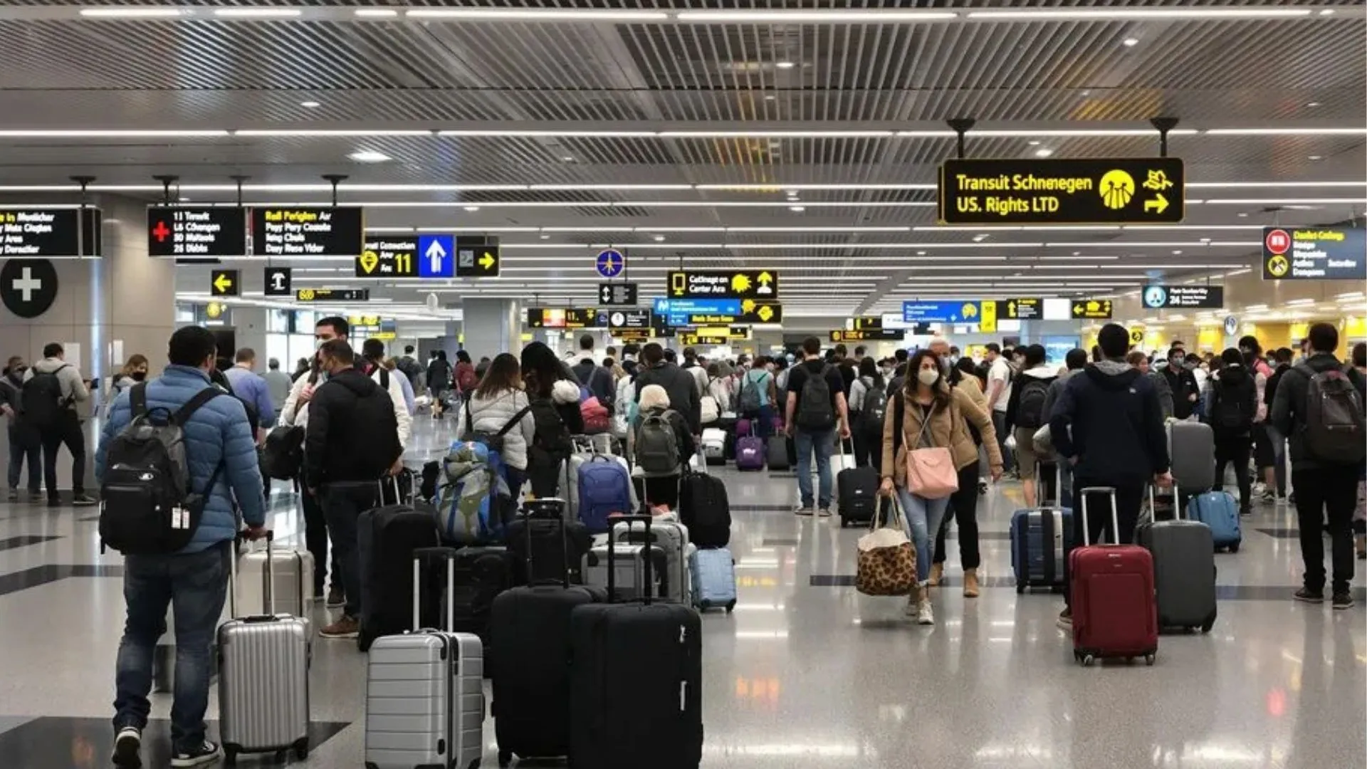 Busy airport terminal with travelers connecting flights