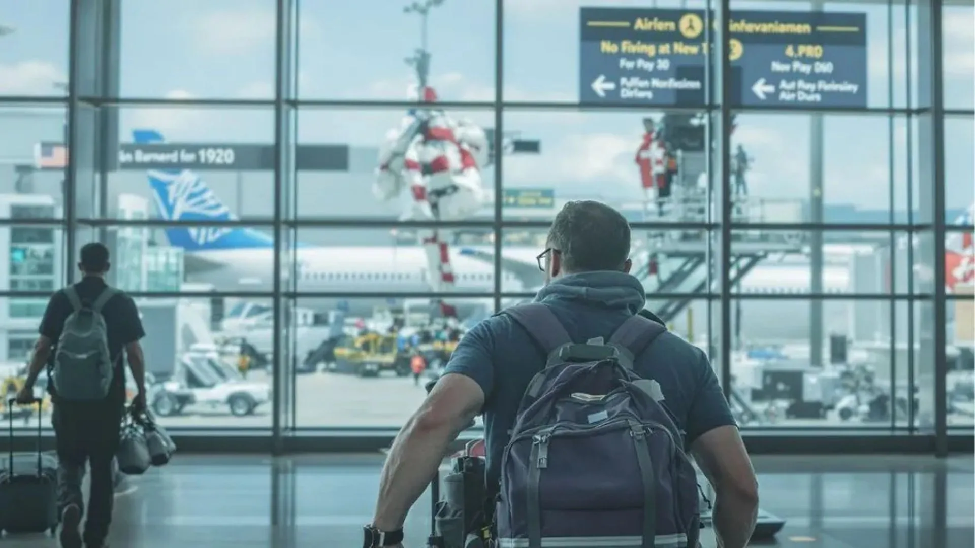 Traveler in airport terminal during connecting flight