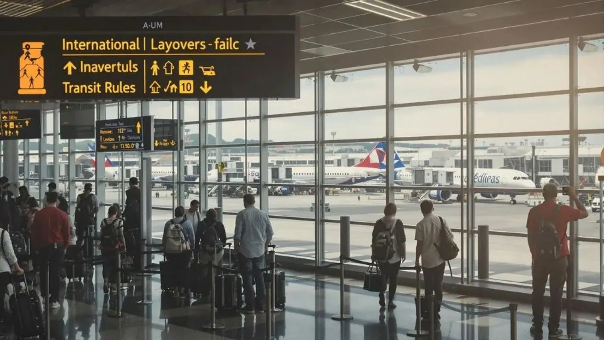 Travelers navigating through an airport terminal during layover