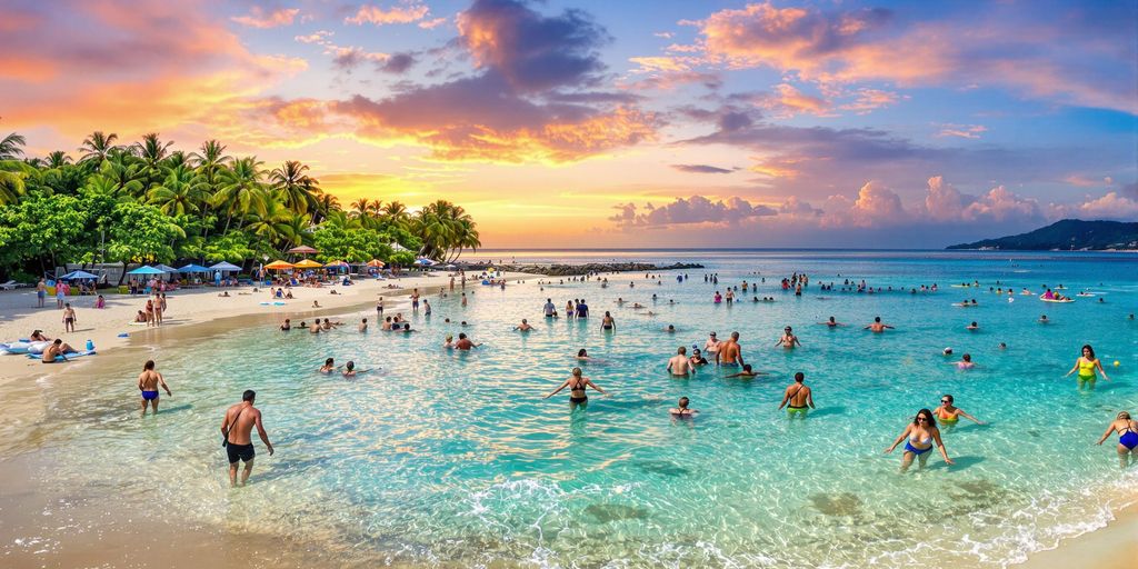 Beautiful beach in Thailand during sunset with activities.