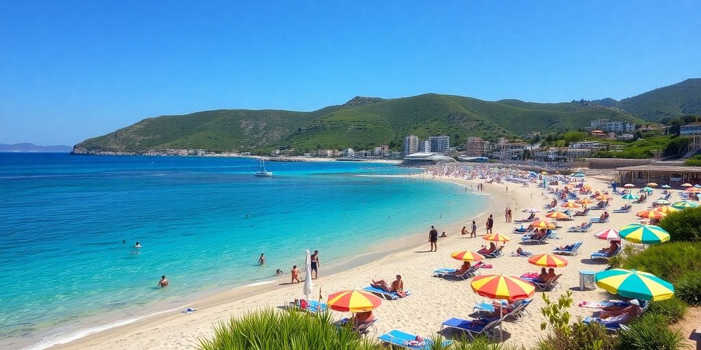 Sunny beach in Greece with umbrellas and clear water.