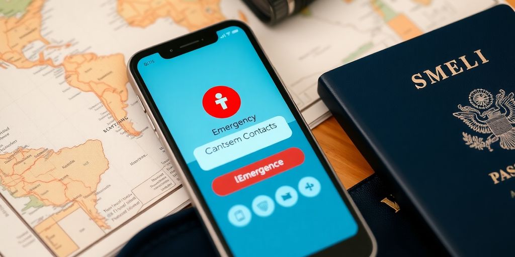 Smartphone with emergency contacts next to travel essentials.