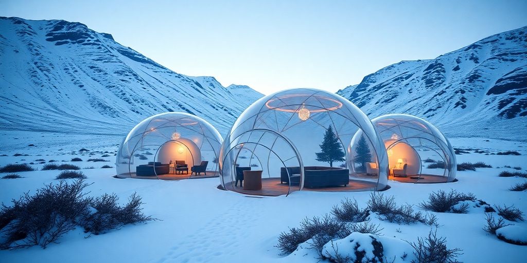 Transparent bubble hotel in snowy Icelandic landscape at night.