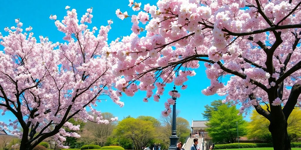 Cherry blossom trees blooming in Tokyo's springtime parks.