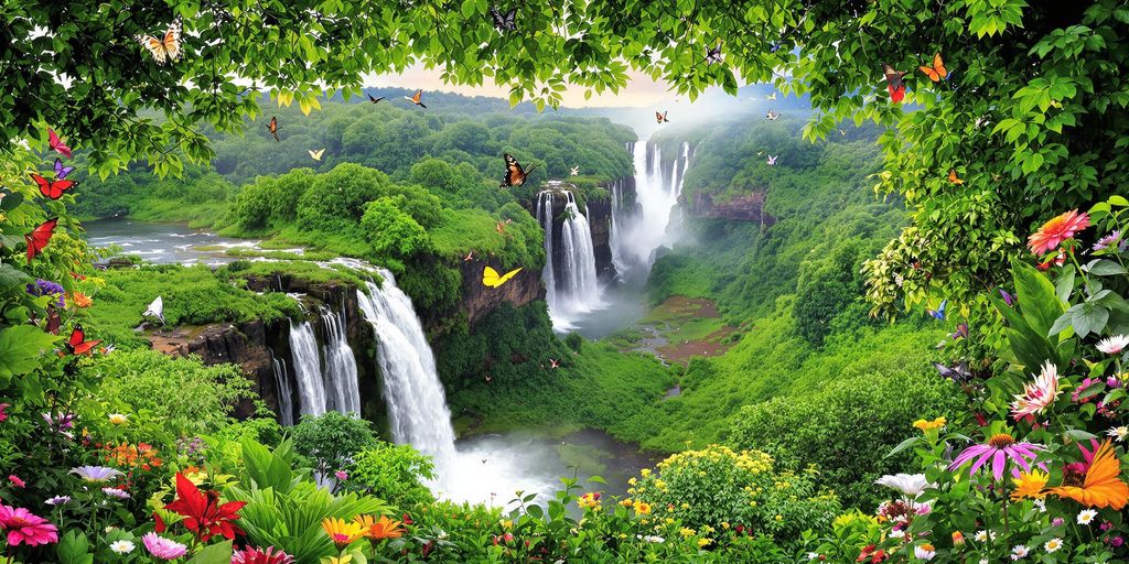 Iguazu Falls with wildlife in a lush jungle setting.