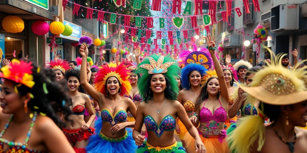 Colorful dancers celebrating at a Brazilian carnival street party.