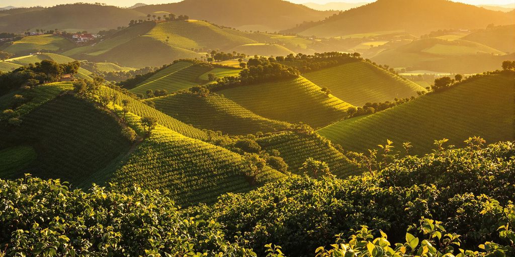 Lush Brazilian coffee plantation with ripe coffee cherries.