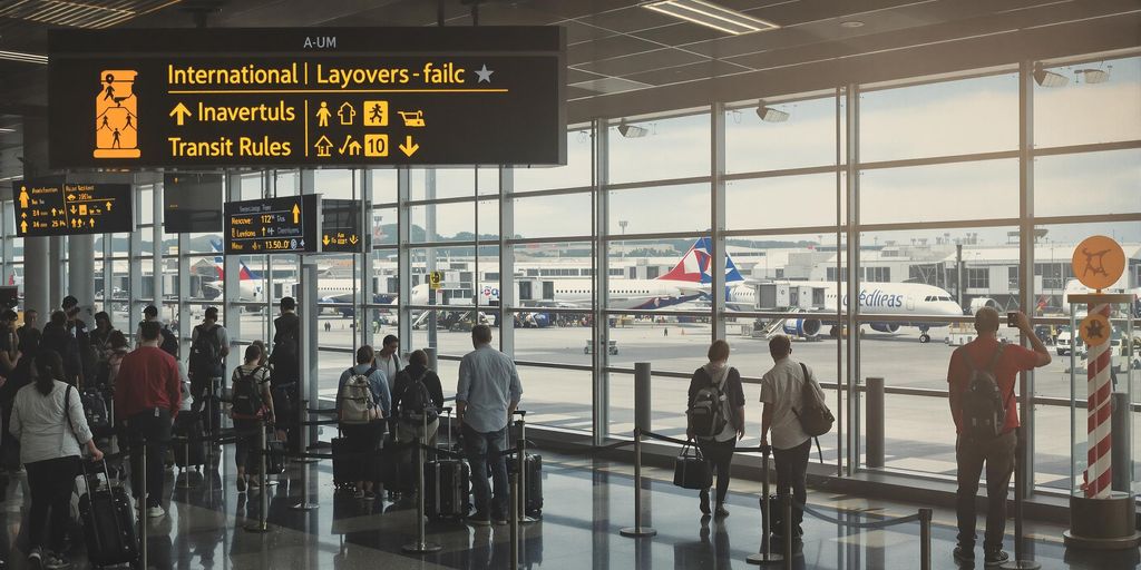 Travelers navigating through an airport terminal during layover.