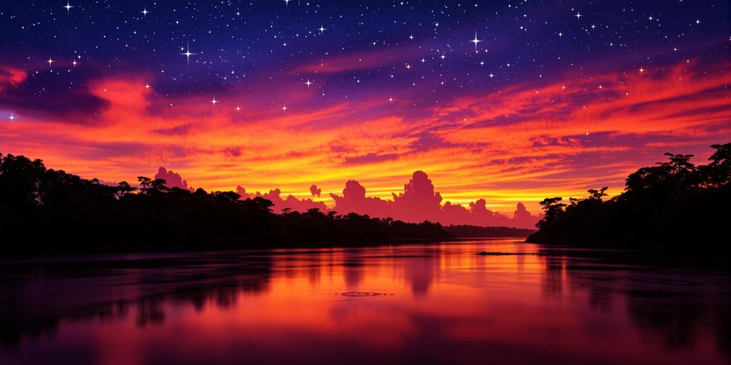 Amazon rainforest sunset with vibrant colors and silhouettes.