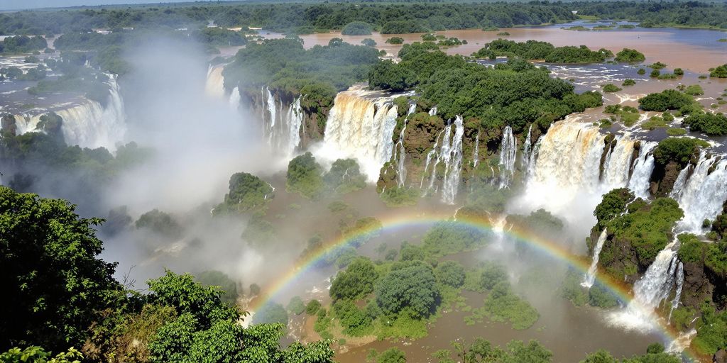 Cascading waterfalls at Iguazu Falls in lush rainforest.