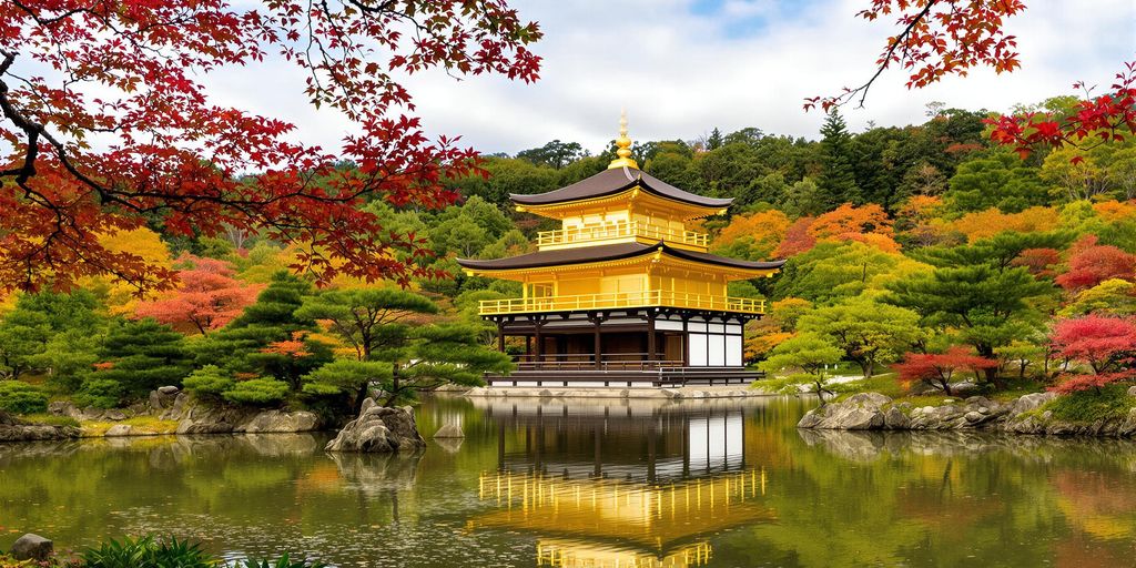 Kinkaku-ji temple surrounded by autumn foliage in Kyoto.