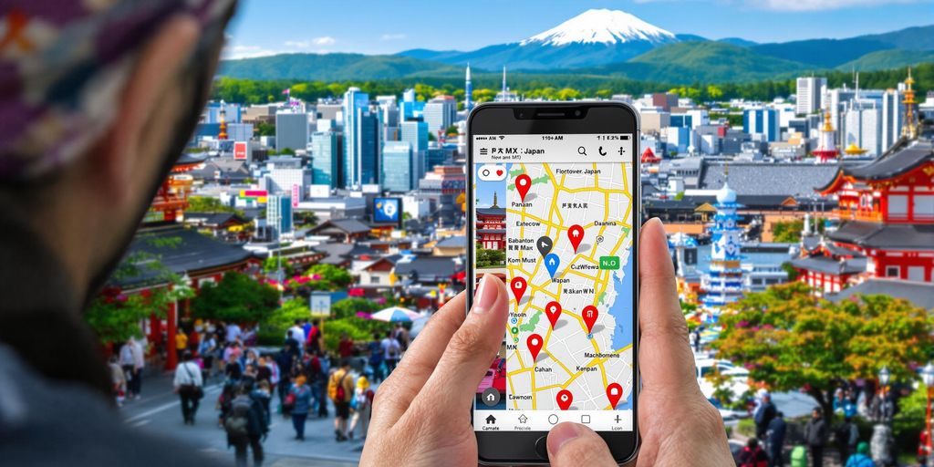 Traveler using smartphone for navigation in Japan.