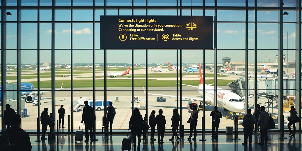 Busy airport terminal with travelers and airplanes visible.