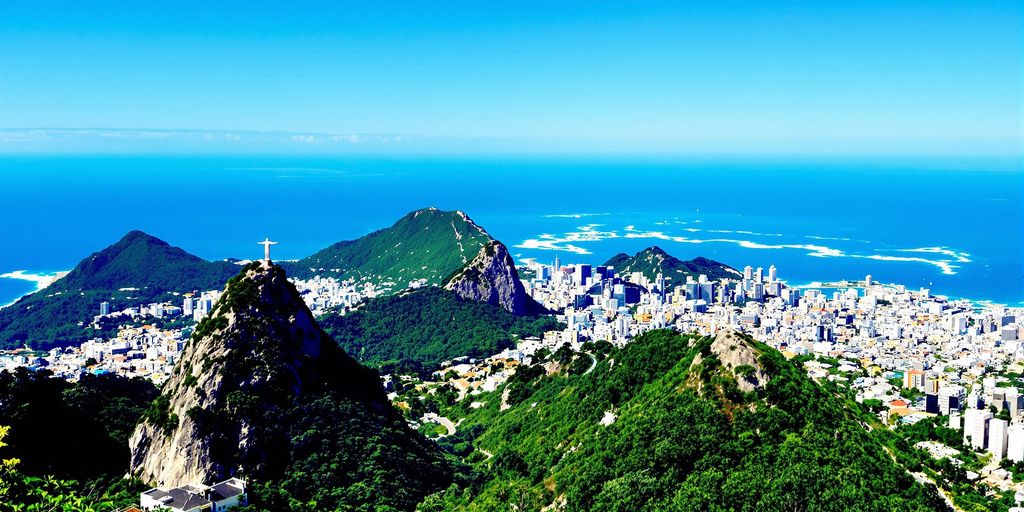 Aerial view of Rio de Janeiro's Sugarloaf Mountain and ocean.