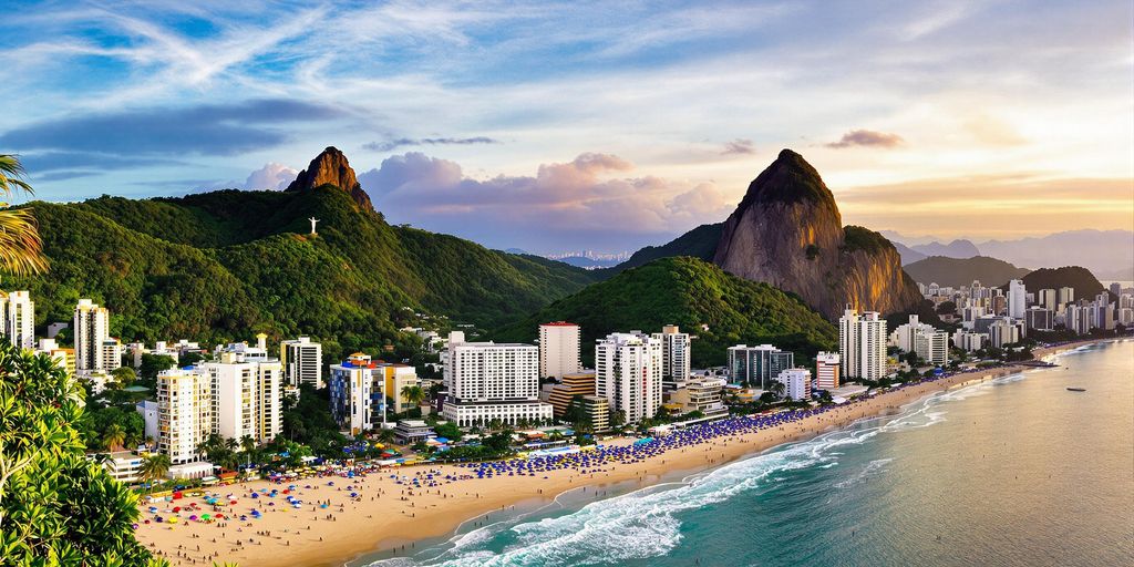 Rio de Janeiro skyline with mountains and beach scene.