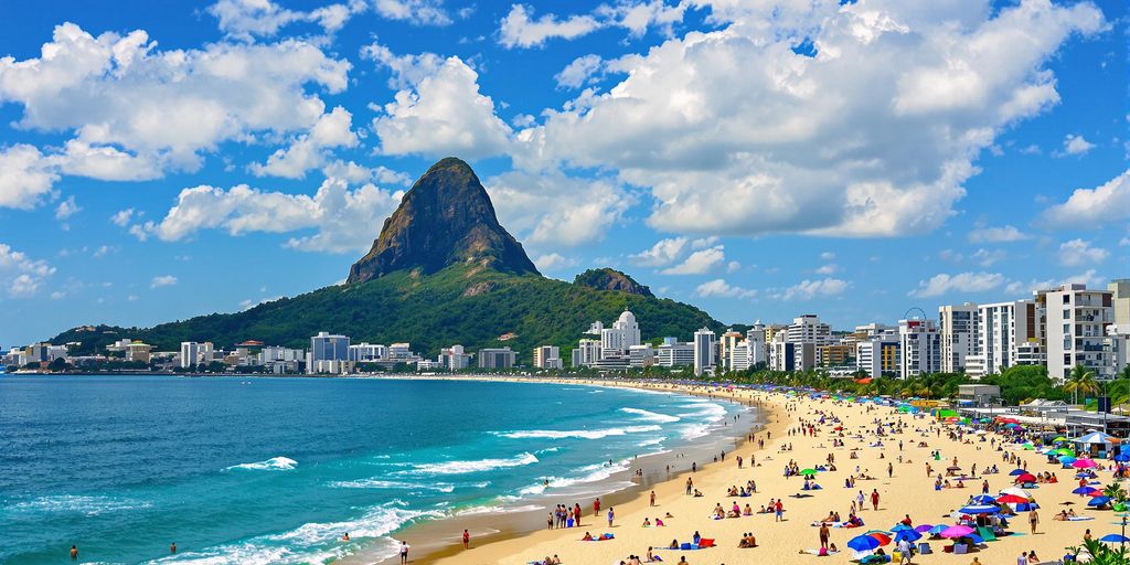 View of Copacabana Beach with people and Sugarloaf Mountain.