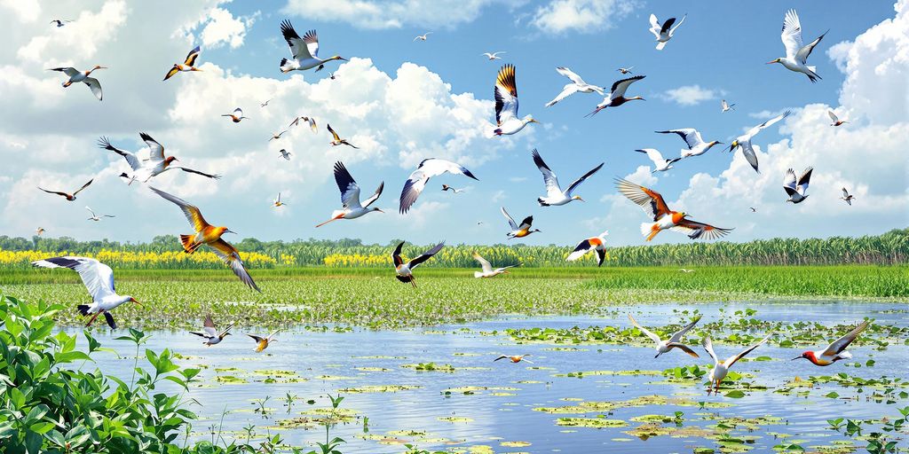 Colorful birds flying over the lush Pantanal wetland.