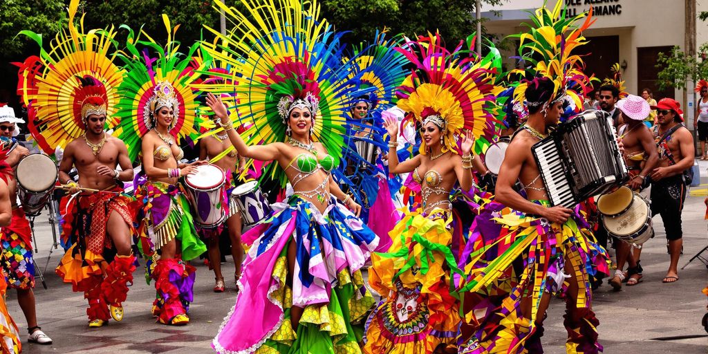 Colorful Brazilian dancers performing Samba and Forró.