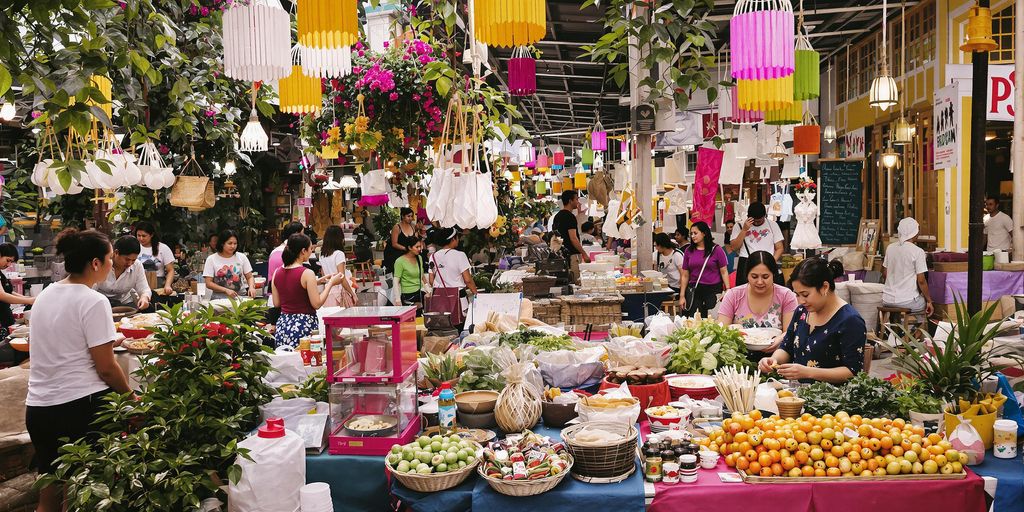 Local artisans and tourists enjoying sustainable tourism in Thailand.