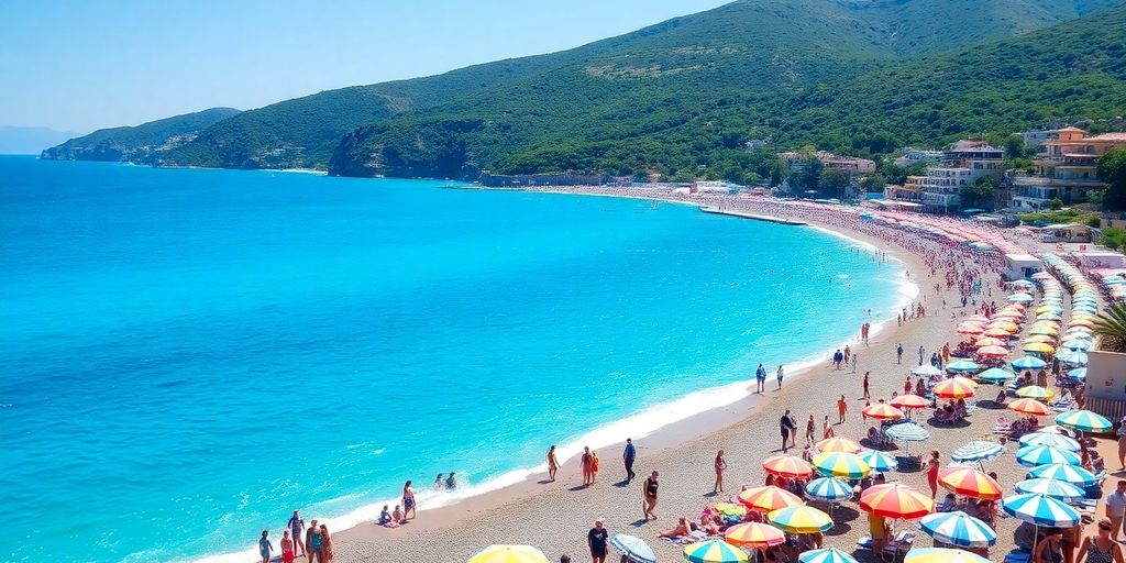 Crowded summer beach in Greece with colorful umbrellas.