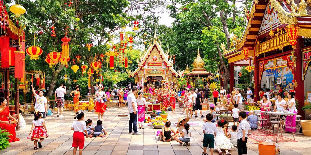 Families enjoying cultural activities in Thailand's scenic landscape.