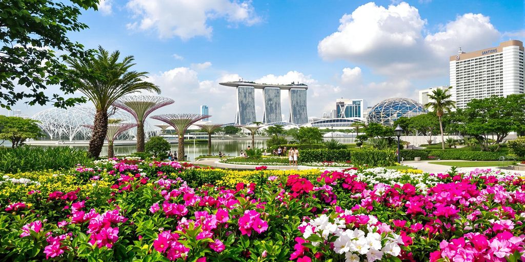 Colorful gardens and skyline of Singapore in March.