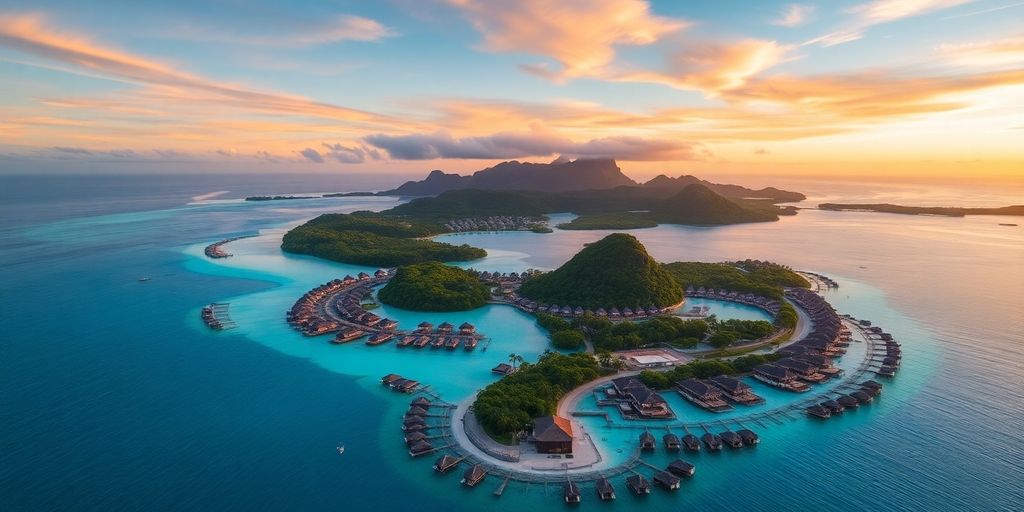 Aerial view of Four Seasons Resort Bora Bora at sunset.