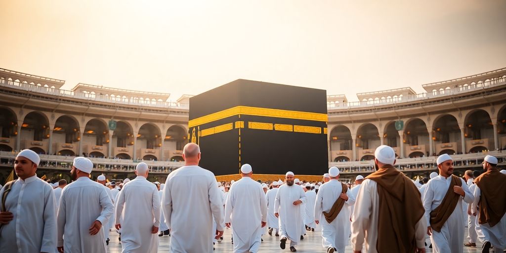 Pilgrims in Ihram near the Kaaba in Mecca.